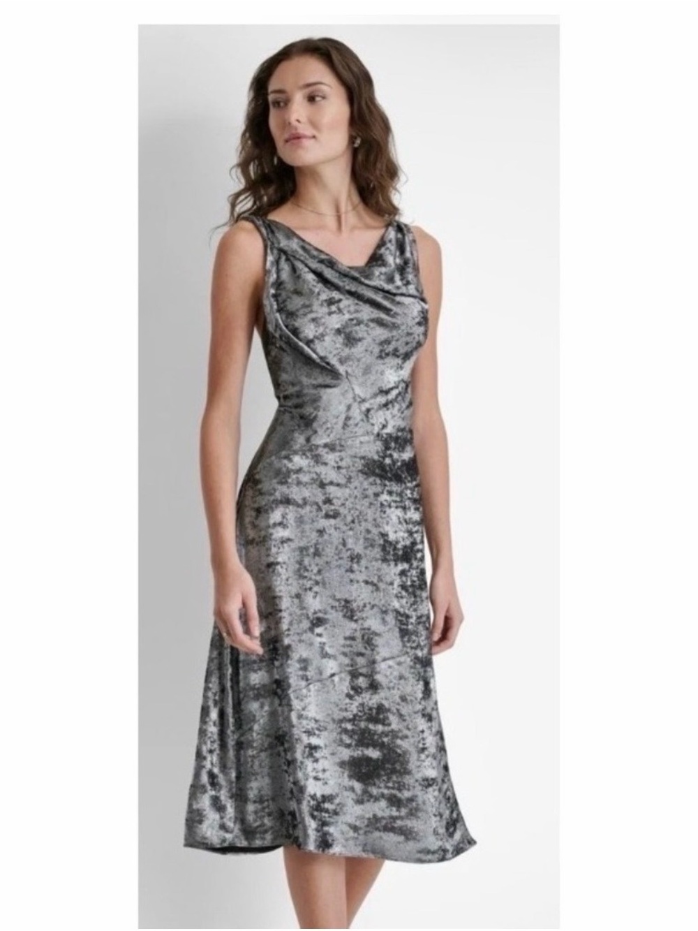 DKNY Silver Crushed Velvet Midi Dress with Cowl Neck